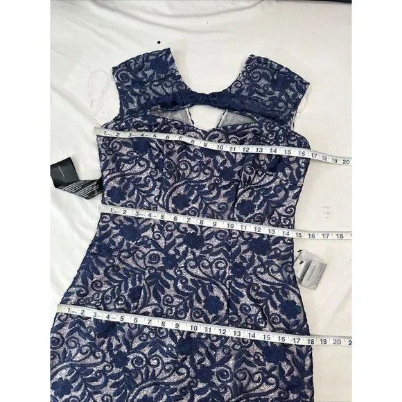 NEW $268 JS Collections [ 4 ] Daniela Bow Tea Length Dress Navy Blue/Blush Q1050
